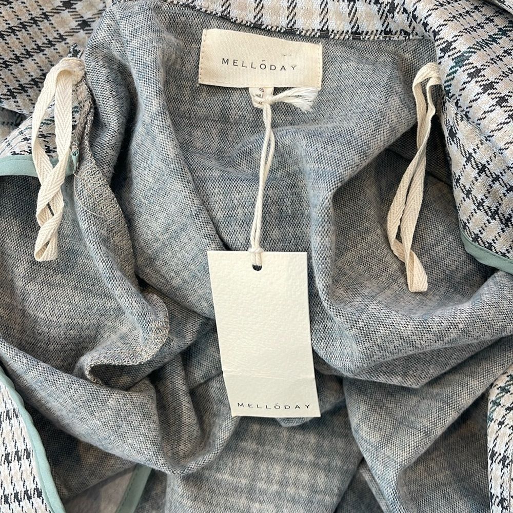 Melloday TRENCH COAT GREY BLUE PLAID SLASH POCKET OPEN FRONT - Picture 6 of 7